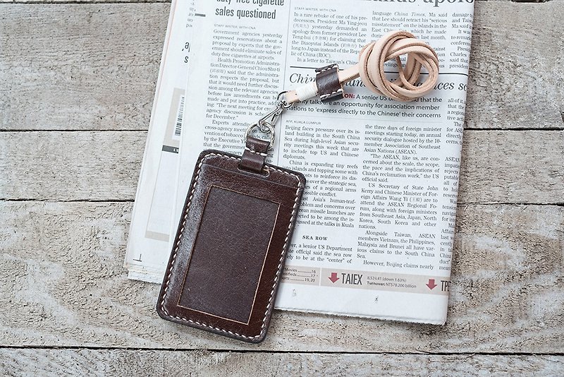 Natural Vegetable Tanned Custom Leather ID Holder / Italian Leather Shoulder Only / Vertical / Leather Lanyard Included / Handmade - ID & Badge Holders - Genuine Leather Brown