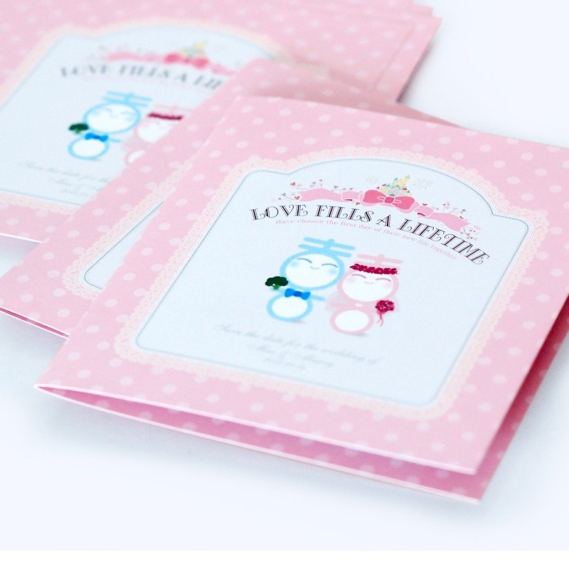 喜娃娃//春日香息‧櫻//系列-創意客製婚卡喜帖+貼紙+桌卡超值組 - 喜帖 - 紙 粉紅色