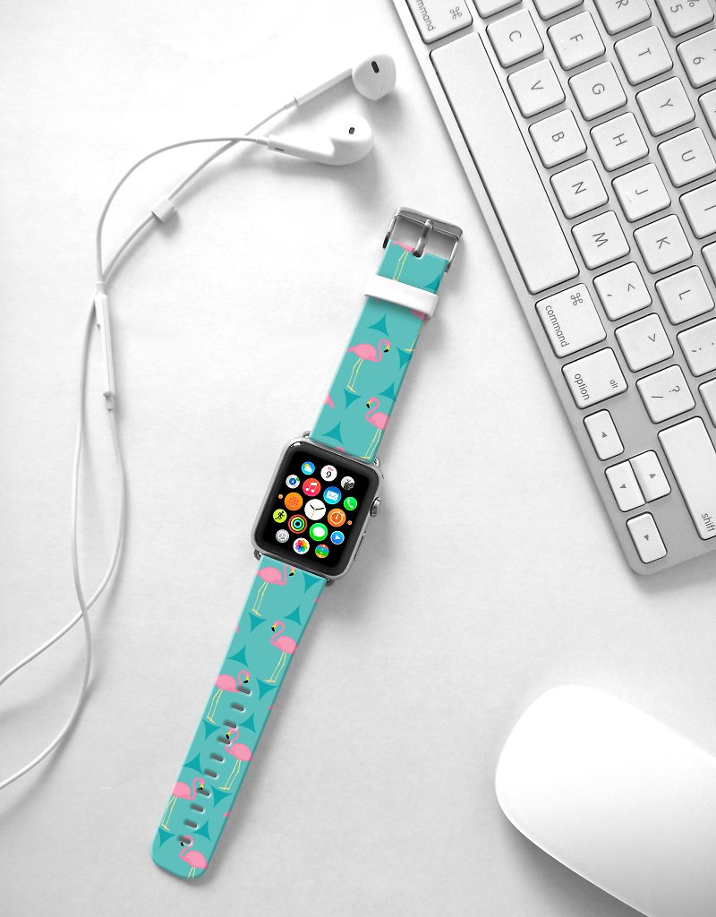 Apple Watch Series 1 , Series 2, Series 3 - Turquoise Flamingo Pattern Watch Strap Band for Apple Watch / Apple Watch Sport - 38 mm / 42 mm avilable - สายนาฬิกา - หนังแท้ 