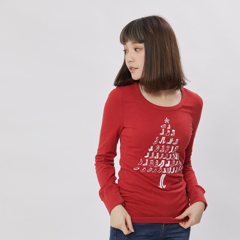 Christmas limited socks Christmas tree peach long-sleeved T-shirt wine red - Women's T-Shirts - Cotton & Hemp Red