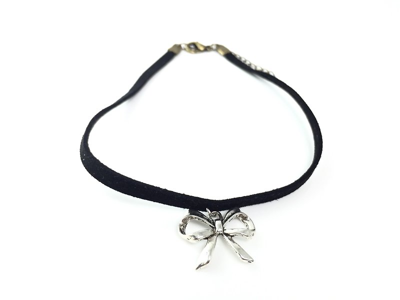 (Brand Hot Selling) Ancient Silver Bow Necklace - Necklaces - Genuine Leather Black