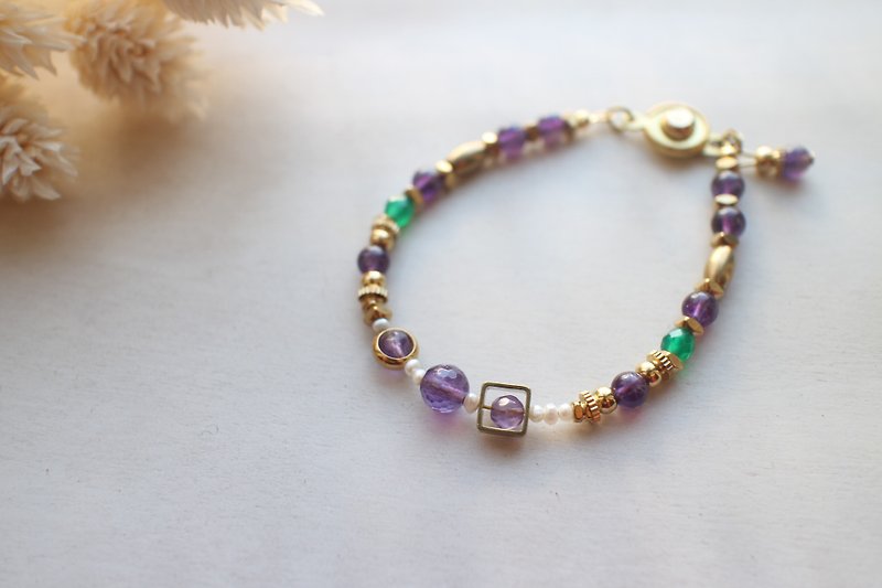 紫約-紫水晶 珍珠 綠瑪瑙 黃銅手環