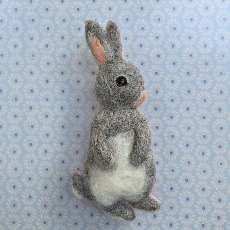 Grey Rabbit-Handmade Wool Felt Pin - Brooches - Wool Gray