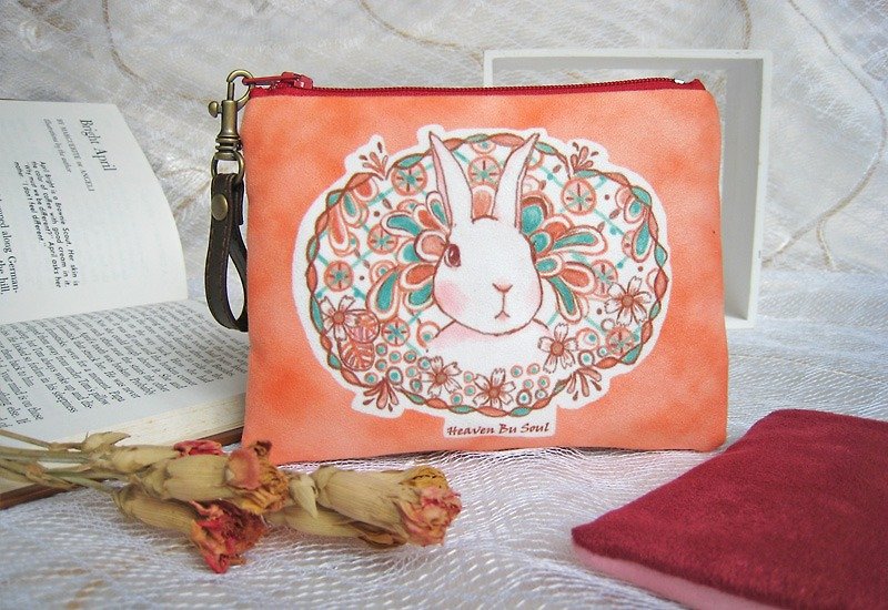 花に囲まれるウサギ ビッグ財布 - 小銭入れ - ポリエステル オレンジ
