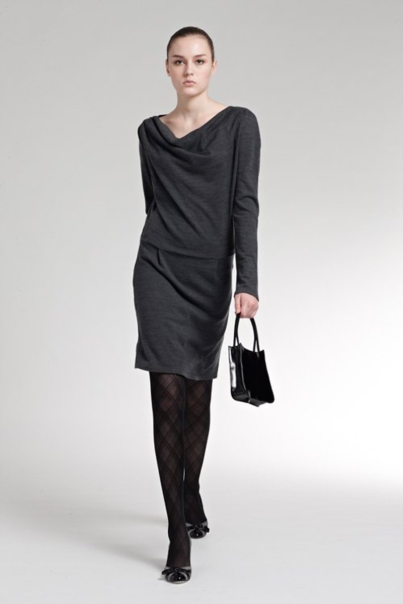 垂領連身針織洋裝 - 洋裝/連身裙 - 其他材質 灰色
