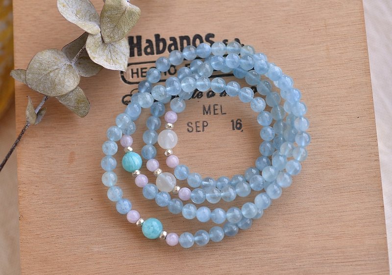 Aquamarine + Stone+ Moonstone + Kunzite 108 Rosary Beads/Buddhist Beads/Multiple Circle Bracelet - สร้อยข้อมือ - คริสตัล สีน้ำเงิน
