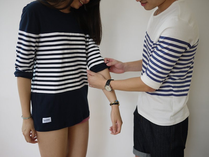 Seafarers style striped sleeve T / Sleeve Tee / couple models / neutral section - Unisex Hoodies & T-Shirts - Other Materials White