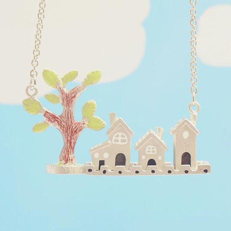 Handmade Tiny Houses Necklace, Handmade Little Houses Necklace, House & Tree - สร้อยคอ - โลหะ สีเงิน