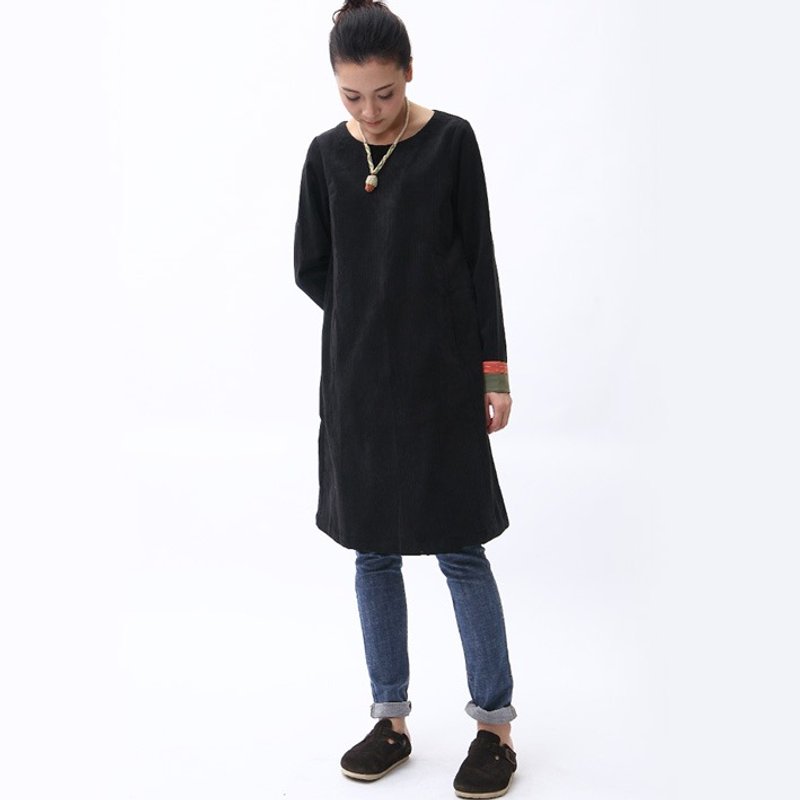 BUFU vintage corduroy dress  D130901 - One Piece Dresses - Cotton & Hemp Black