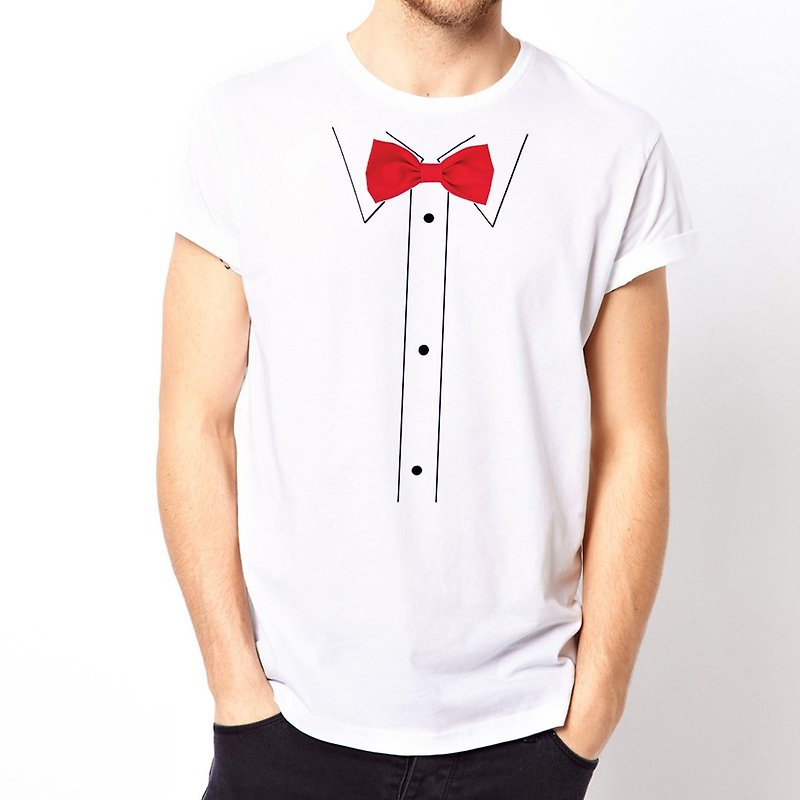 Print Bow Tie-Red Short Sleeve T-Shirt-White Printing Red Bow Tie Tie Glasses Beard Wen Qing Art Design Fashionable Text Fashion - Men's T-Shirts & Tops - Other Materials White