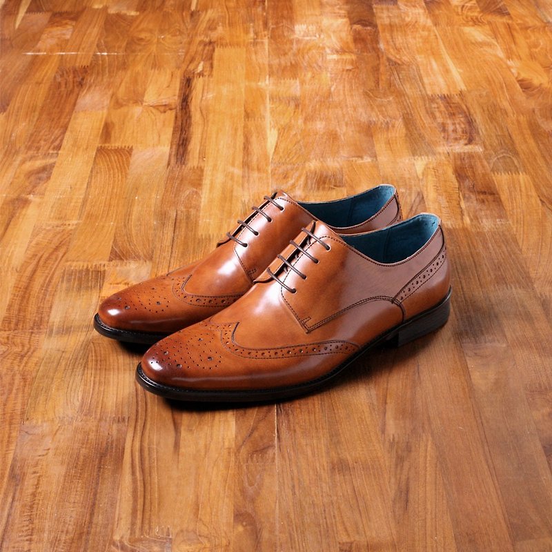 Vanger elegant and beautiful ‧ simple and elegant wing pattern Derby shoes Va195 brown - รองเท้าอ็อกฟอร์ดผู้ชาย - หนังแท้ สีกากี