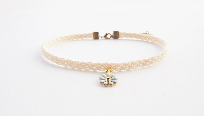 Cream braided choker / necklace with light blue flower charm. - 項鍊 - 其他材質 白色
