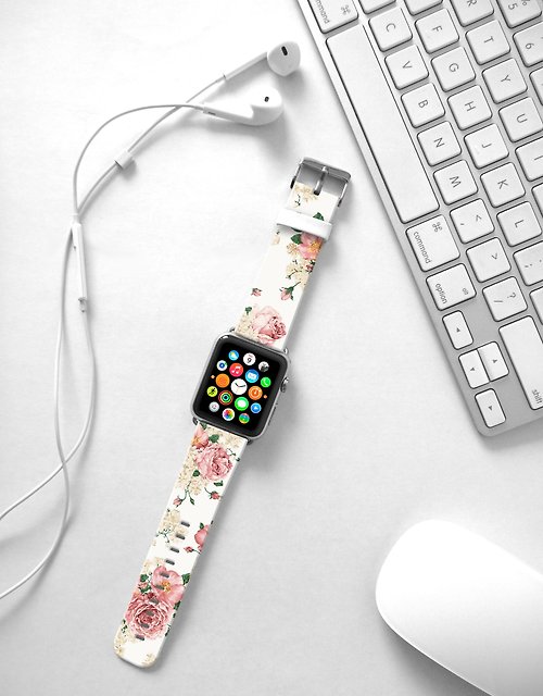 Freshion Apple Watch Series 1 , Series 2, Series 3 - Apple Watch 真皮手錶帶，適用於Apple Watch 及 Apple Watch Sport - Freshion 香港原創設計師品牌 - 粉紅玫瑰花紋