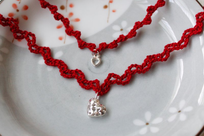 Sterling silver. Heart. Woven Necklace + bracelet set - สร้อยคอ - วัสดุอื่นๆ สีแดง