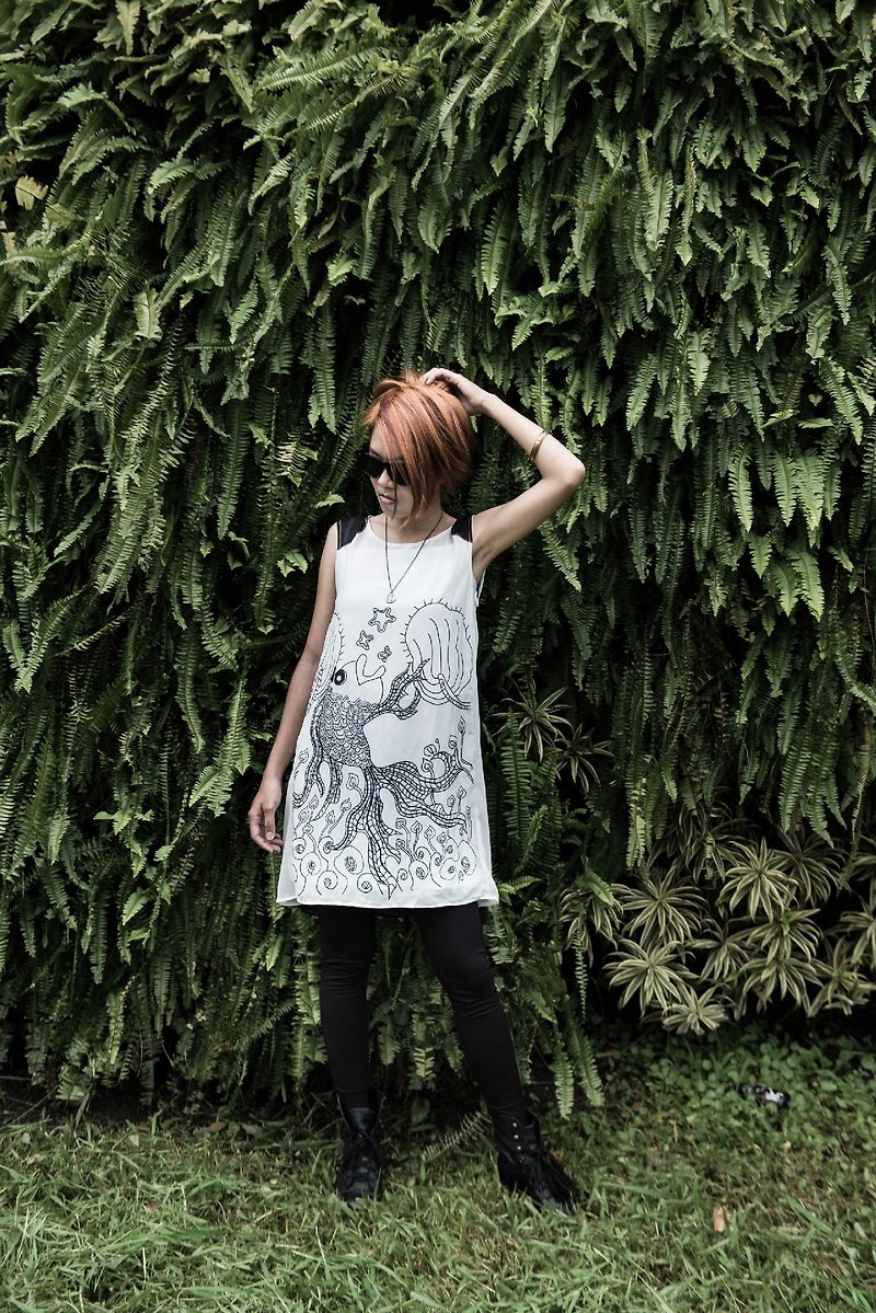 Fish print design dress / Long Top - One Piece Dresses - Cotton & Hemp White