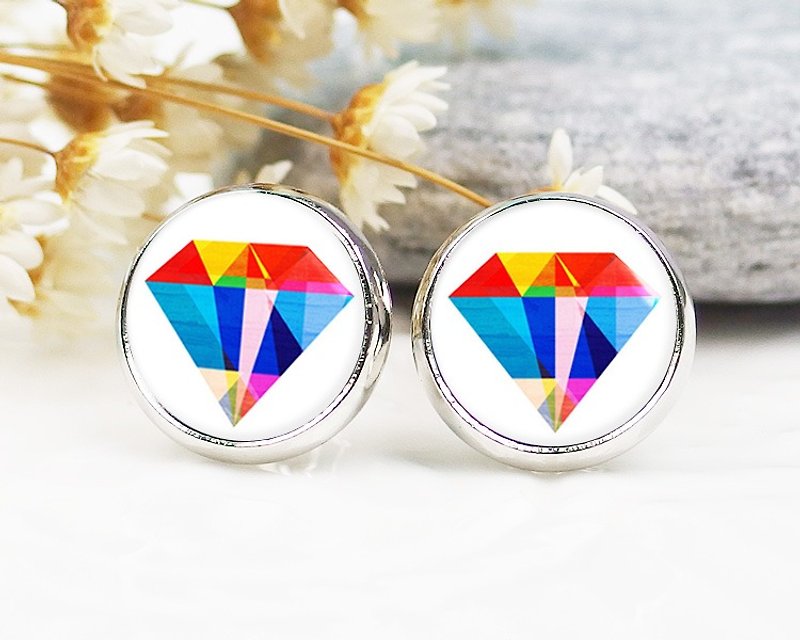 Colorful diamond illustration-clip-on earrings︱ear acupuncture earrings︱small face modification fashion accessories︱valentines day gift - Earrings & Clip-ons - Other Metals Multicolor