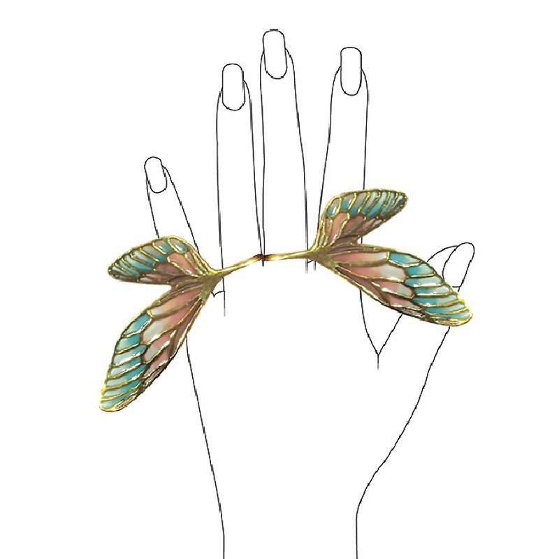 Double Fairy wing ring in brass  with stand glass enamel pastel color - 戒指 - 其他金屬 