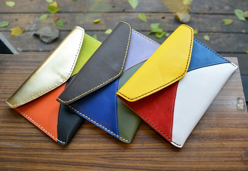 Hand-made leather ─ clutch bag (stitched style). Mushroom poet + hand made = The Mushroom Hand. (Flat bag, ipad bag, stationery bag) - Clutch Bags - Genuine Leather Multicolor
