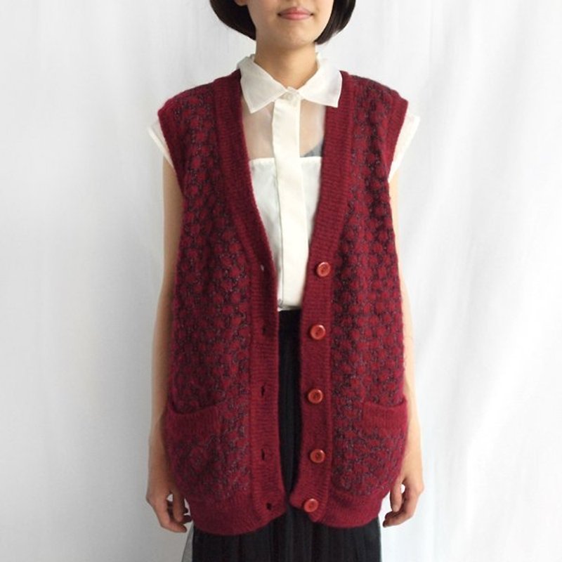 │moderato│草間彌生點點幾何立體織紋針織古著背心/個性女孩.森林女孩.vintage - Women's Vests - Other Materials Red