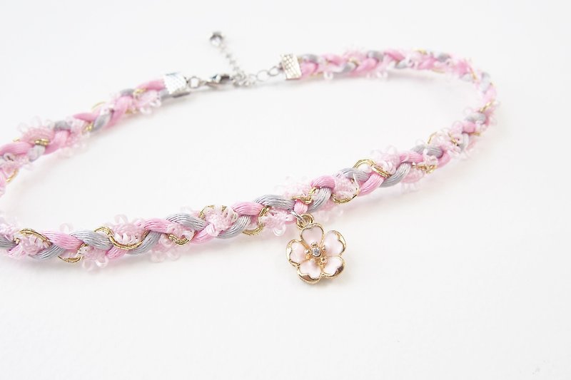 Light pink / light gray soft satin rope with sakura flower charm. - Necklaces - Other Materials Pink