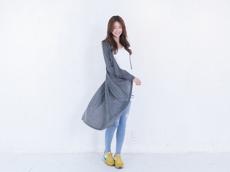 SUMI ◆ long version drape collar dark gray long-sleeved blouse ◆ 4AF500_ - จัมพ์สูท - ผ้าฝ้าย/ผ้าลินิน สีเทา