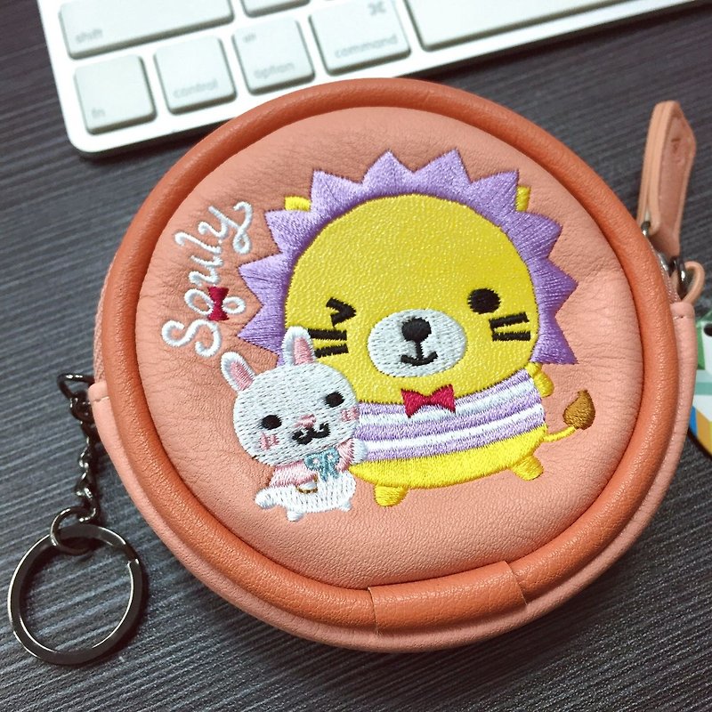 Lion Cely PU Embroidery Coins Bag (E014SQB) - กระเป๋าใส่เหรียญ - หนังแท้ สีส้ม