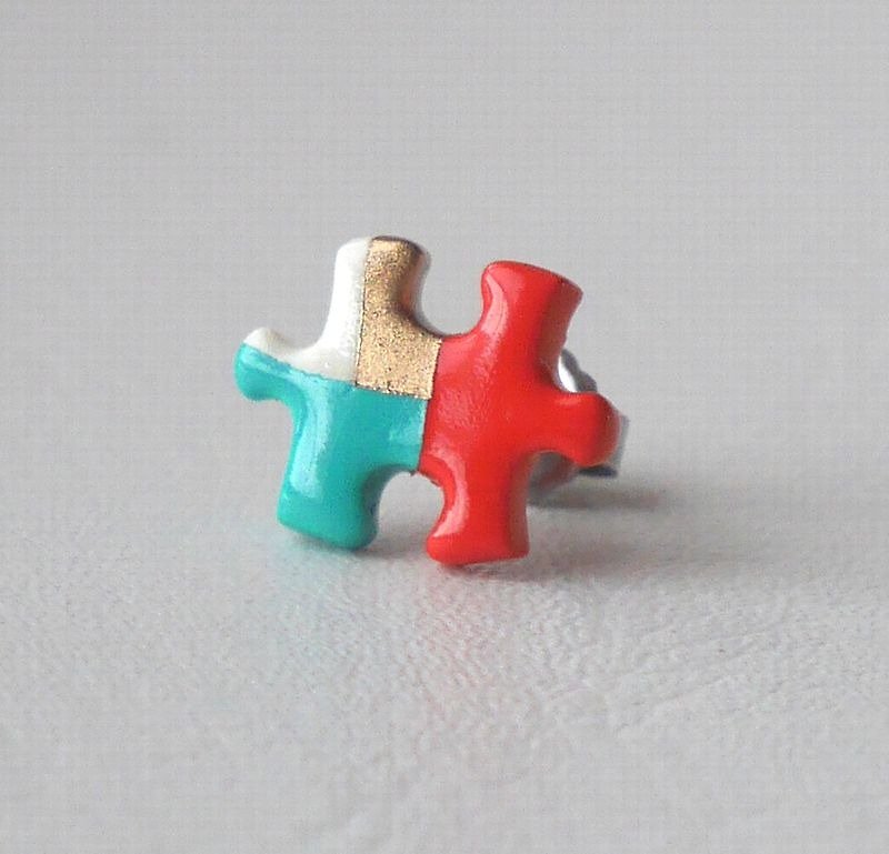 Puzzle earrings orange mint - Earrings & Clip-ons - Plastic Orange