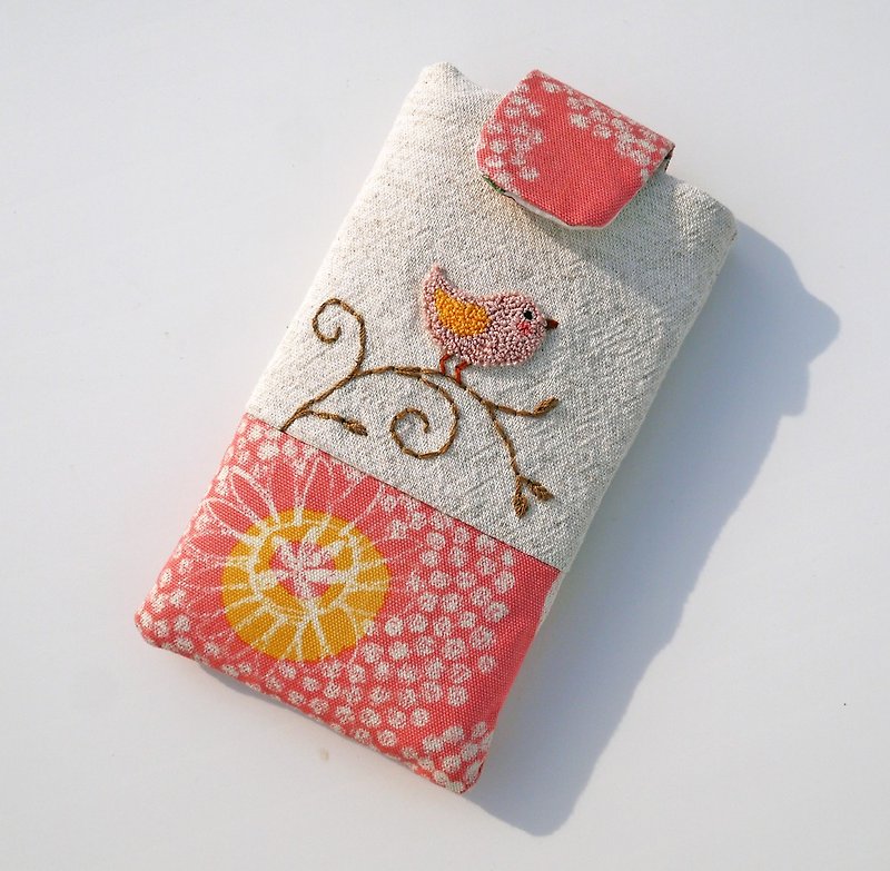 ピンクの鳥ブドウ刺繍携帯電話用ポケット（M） - 編み物/刺繍/羊毛フェルト/裁縫 - 刺しゅう糸 