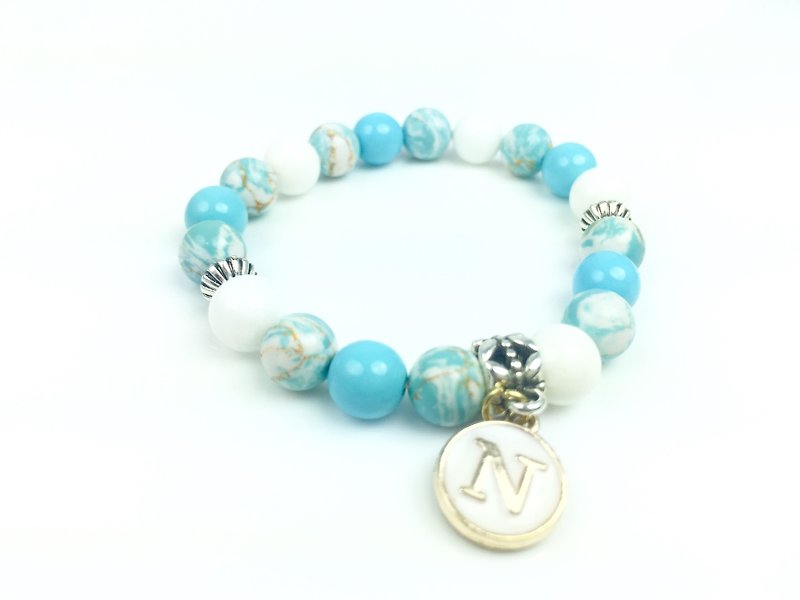 "Rendering light blue white beads x alloy letter Charm" - Bracelets - Other Materials Blue