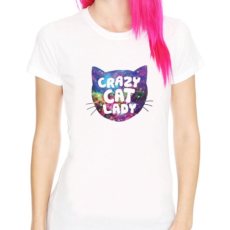 Crazy Cat Lady-Cosmic短袖T恤-白色 瘋狂愛貓的女人設計宇宙星   - 女 T 恤 - 其他材質 白色