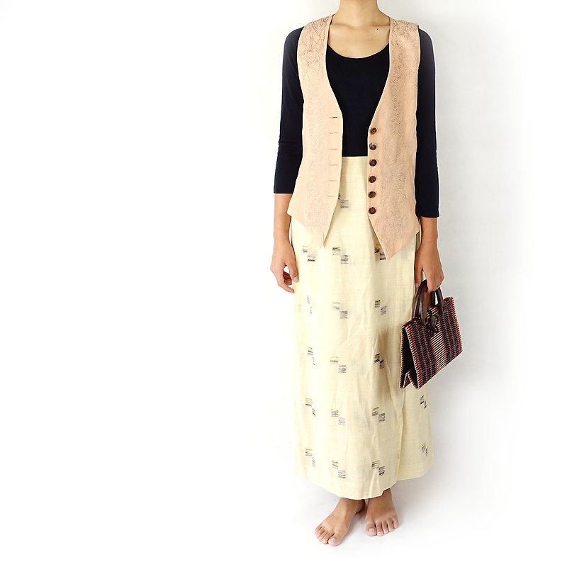BajuTua /ヴィンテージ/ベージュ石畳の正方形パターンのドレス - スカート - コットン・麻 カーキ