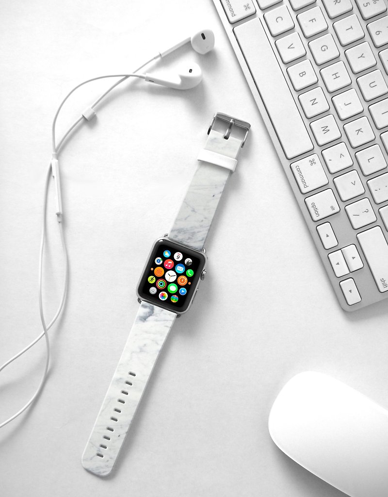 Designer Apple Watch band for All Series - White Marble Pattern - สายนาฬิกา - หนังแท้ 