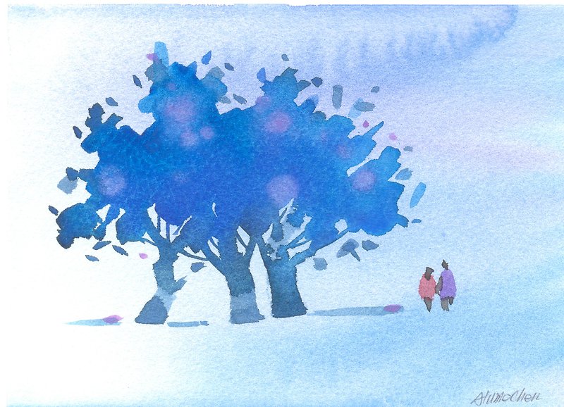 「療癒系樹林系列1-119」水彩手繪限量版明信片/聖誕卡 - 心意卡/卡片 - 紙 藍色