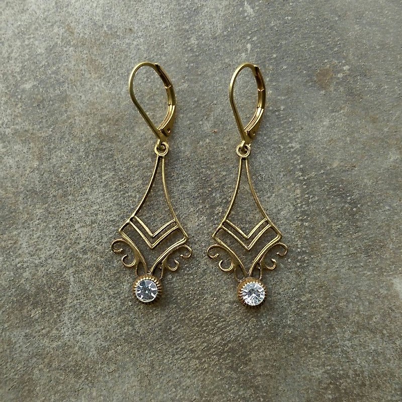 Art Deco antique brass transparent glass Dangle Earrings - Earrings & Clip-ons - Gemstone 