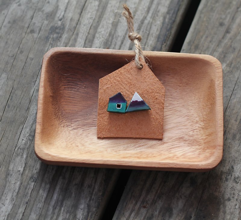 Leather earrings - Home is where the heart is - Blue / Mint green color - ต่างหู - หนังแท้ สีน้ำเงิน
