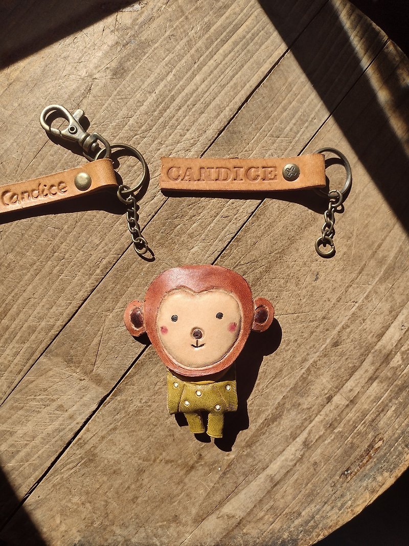 Cute little monkey pure leather key ring─ can be engraved - Keychains - Genuine Leather Brown