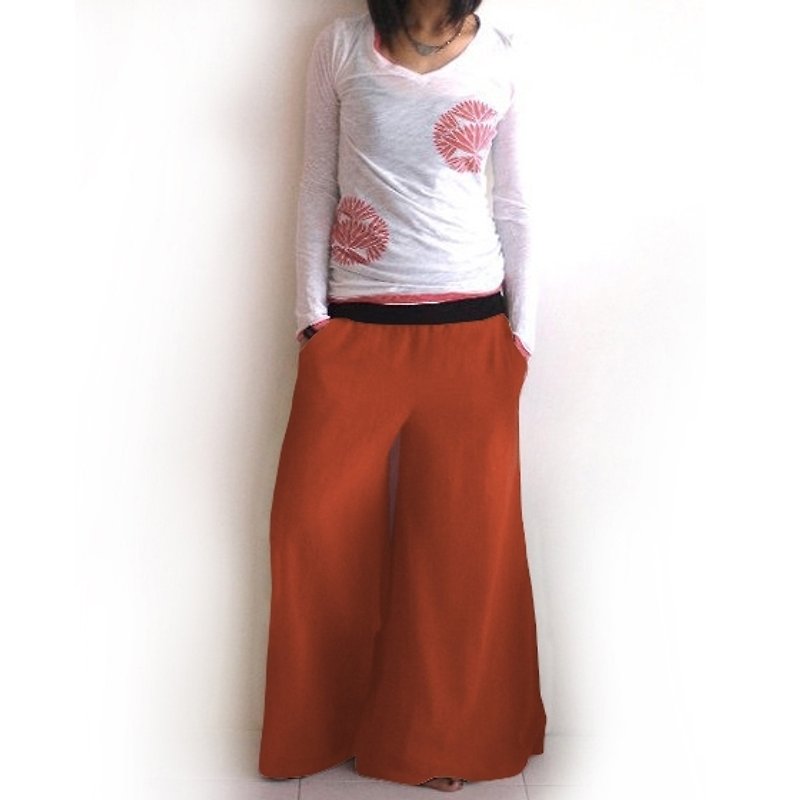 Handmade cotton wide pants - bright orange - กางเกงขายาว - ผ้าฝ้าย/ผ้าลินิน สีแดง