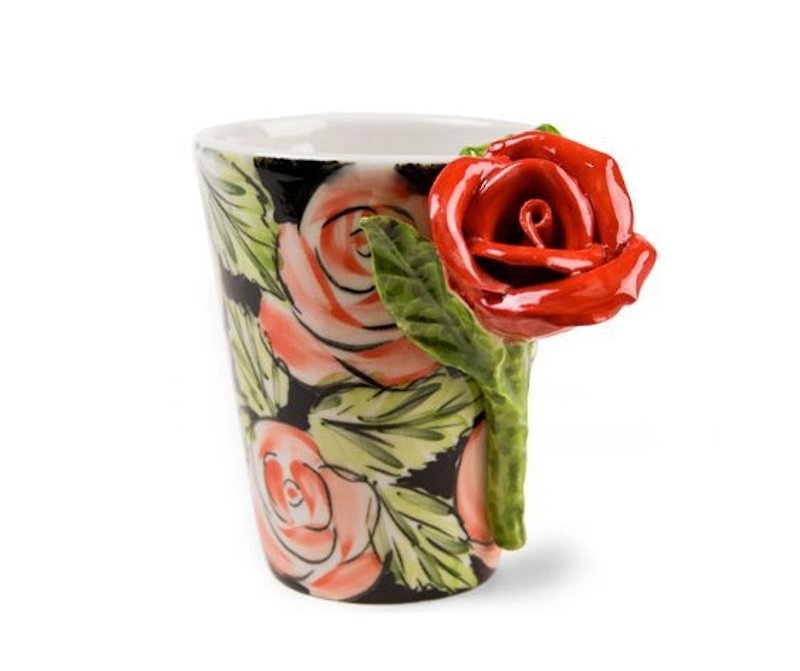 [月]赤いバラの青魔女英国の手描きガラスの三次元レタリングセラミックマグセラミックマグレタリング - マグカップ - その他の素材 レッド