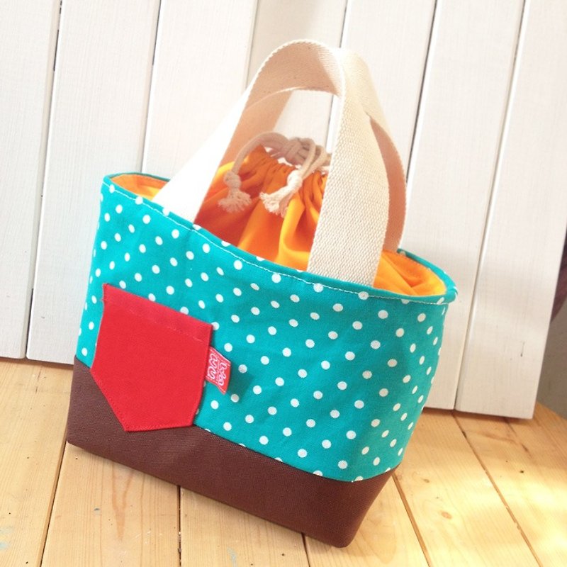 Insulated Drawstring Lunch Bag (blue-green dot cloth) / Lunch Bag - Handbags & Totes - Cotton & Hemp Green