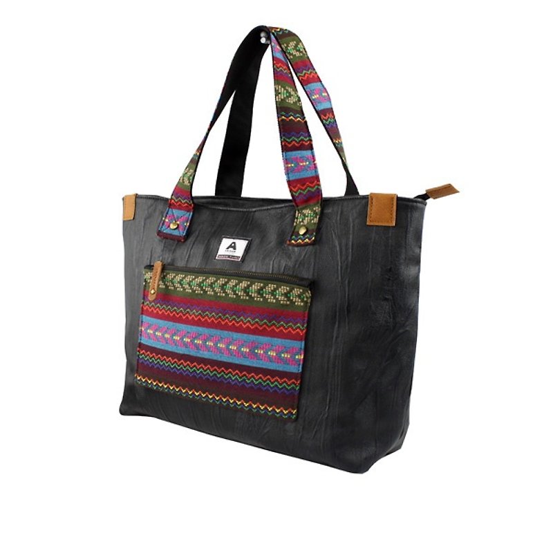 AMINAH-totem woven mix and match ethnic wind drag special bag-black [am-0242] - กระเป๋าถือ - หนังเทียม สีดำ