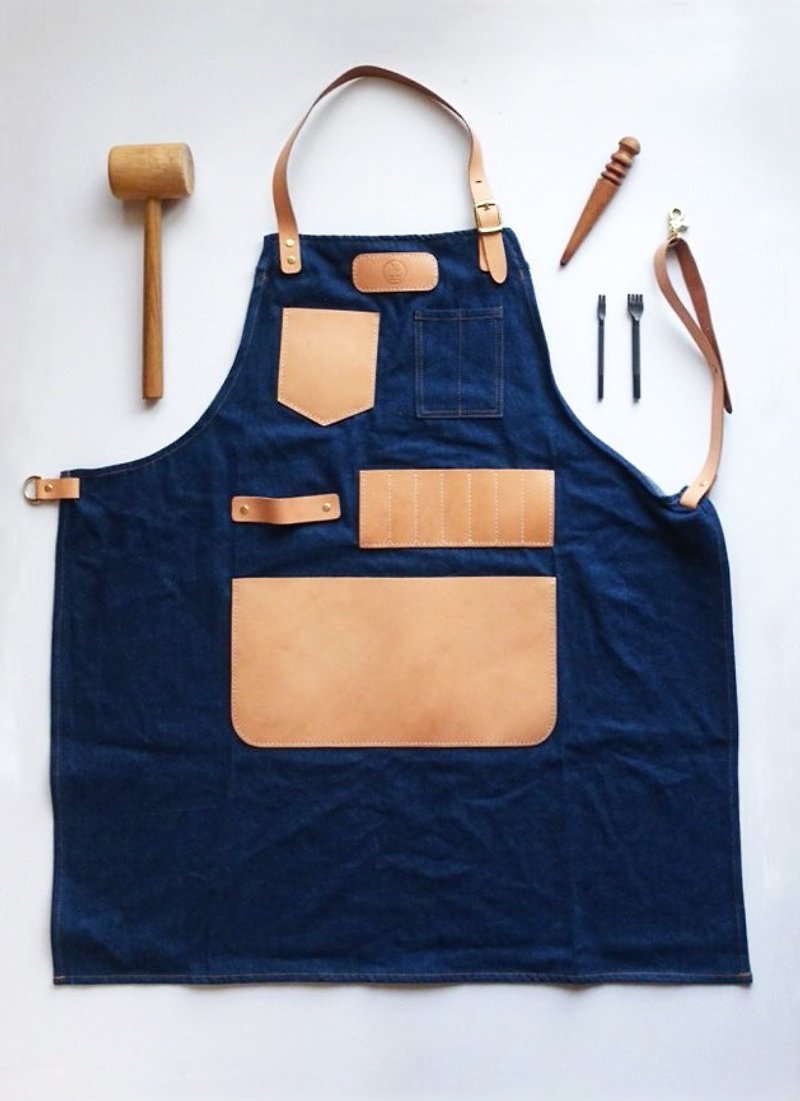 Fiber hand-made hand-sewn vegetable tanned leather stitching denim apron work apron provides customization - ผ้ากันเปื้อน - หนังแท้ สีน้ำเงิน