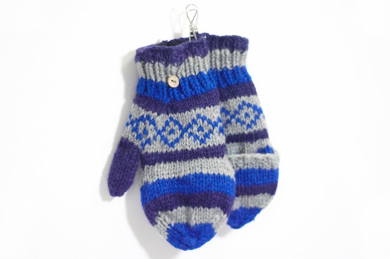 Christmas Limited a hand-woven pure wool warm gloves / detachable gloves - blue geometric totem - ถุงมือ - วัสดุอื่นๆ สีน้ำเงิน