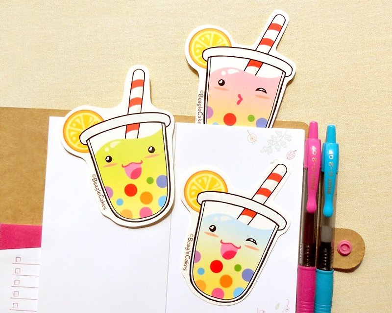 彩虹珍珠果茶貼紙 (3入) - 食物/飲料貼紙 - 大張貼紙 - 貼紙 - 紙 多色