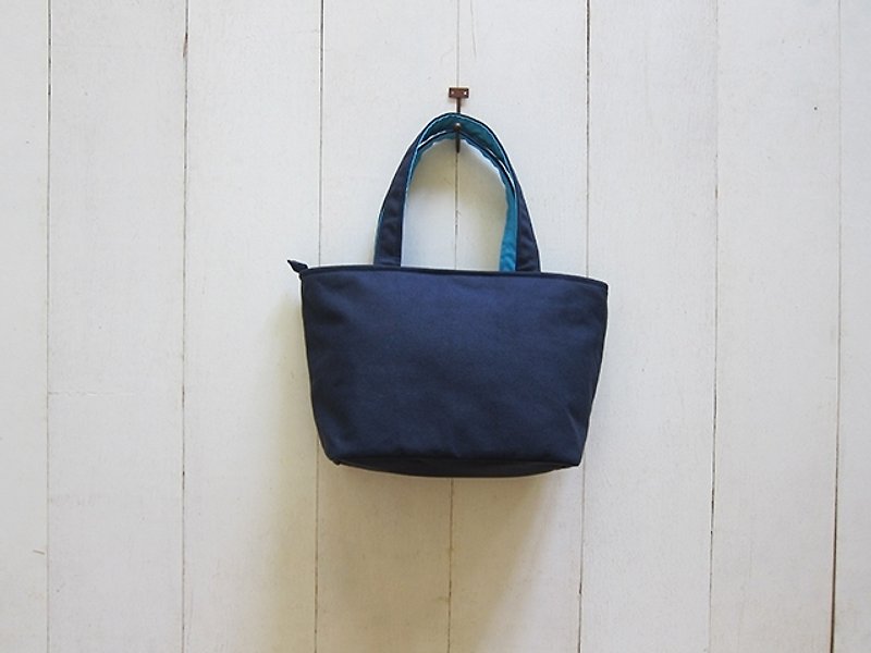 Dachshund zipper open canvas tote bag-small (navy blue + turkey blue) - Handbags & Totes - Other Materials Multicolor