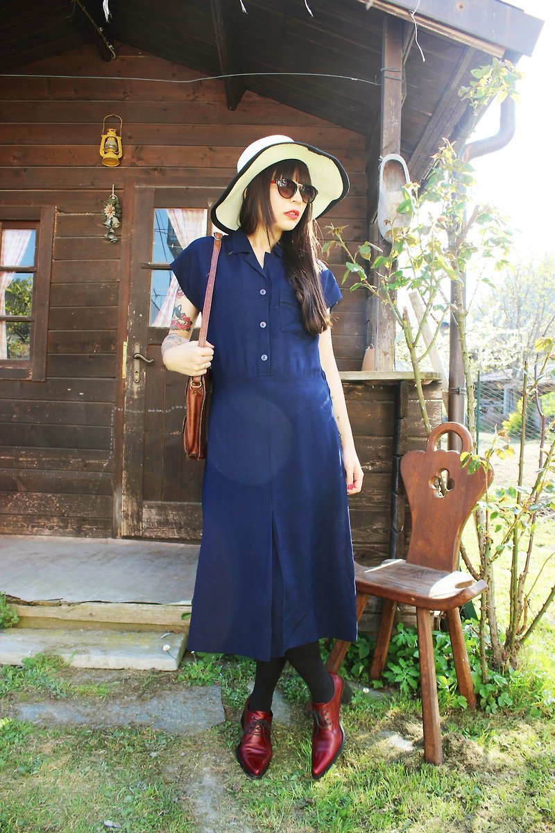 F922 (Vintage) dark blue short-sleeved vintage dress - ชุดเดรส - วัสดุอื่นๆ สีน้ำเงิน