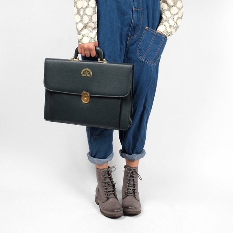 │moderato│ British gentleman dark green leather briefcase portable retro vintage handbag / European and American vintage bag / organ clip - กระเป๋าถือ - หนังแท้ สีเขียว