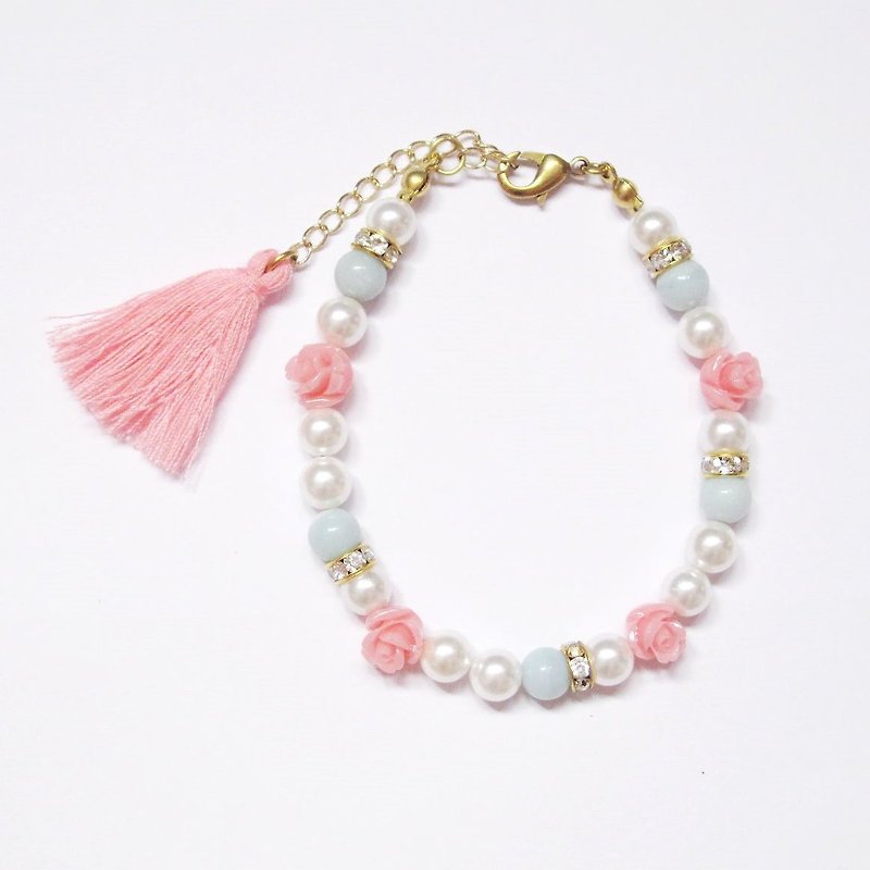[MUCHU Mu Orange] The Rose. Natural stone coral rose shell pearl tassel bracelet / wristband pink - Bracelets - Other Materials Pink