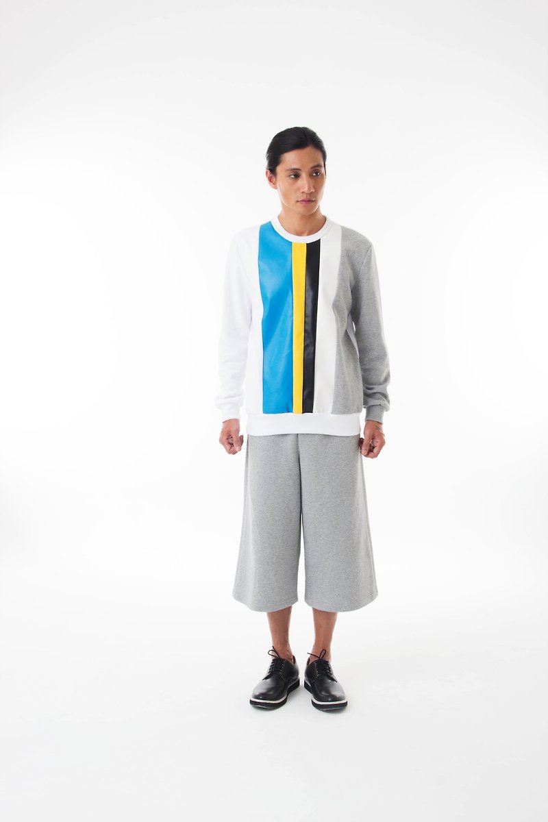 Sevenfold-Color matching leather stitching sweater (White) - เสื้อยืดผู้ชาย - หนังแท้ 