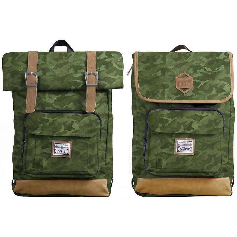 RITE twin package ║ flight bag x vintage bag (L) - dark green camouflage ║ - กระเป๋าเป้สะพายหลัง - วัสดุกันนำ้ สีเขียว