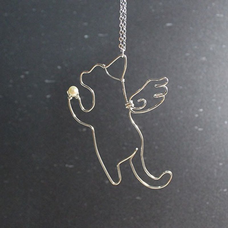 Angel Cat Sterling Silver Necklace with Freshwater Pearl - สร้อยคอ - โลหะ ขาว
